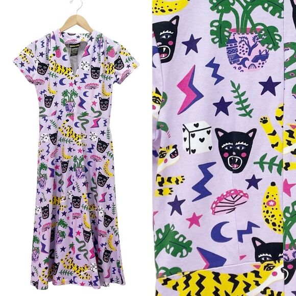Nooworks Dresses & Skirts - Nooworks Greta Dress XS Purple Graphic Print Fit & Flare Cotton Jersey Pockets